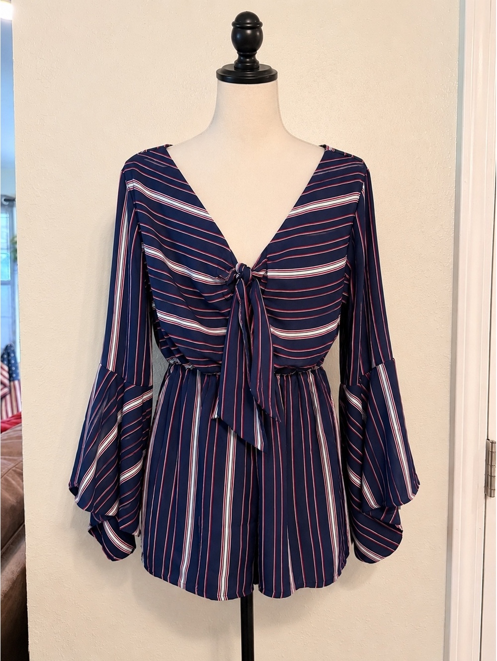 Bailey Blue - Women's Striped Navy Blue Long Sleeve Romper - Size Large